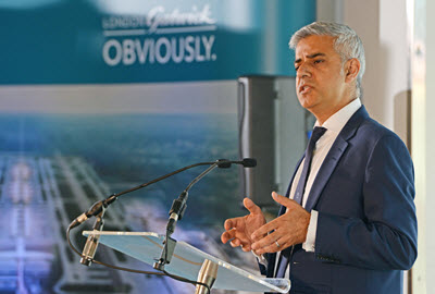 London Mayor Sadiq Khan speaking at Gatwick airport
